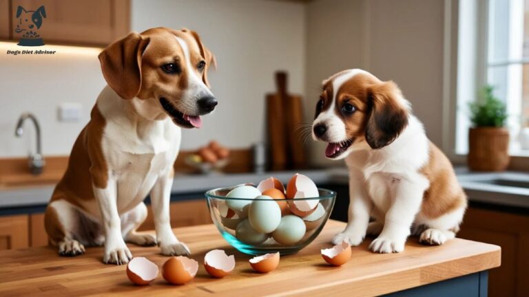 A small puppy and the dog looking on the transparent glass bowl of eggshell which is on the table.