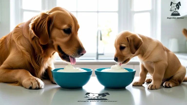 Dog and Puppy eating Yogurt