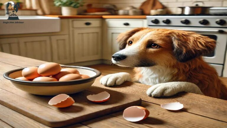 A dog see to bowl of eggshells which is on the table.