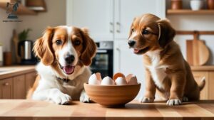 A dog and cute small puppy looking at eggshells.