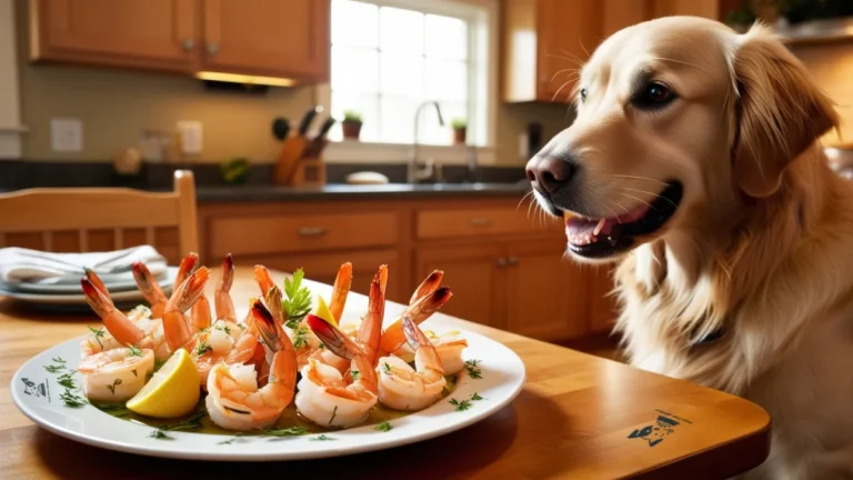 Dog eat Cooked Shrimp in plate.