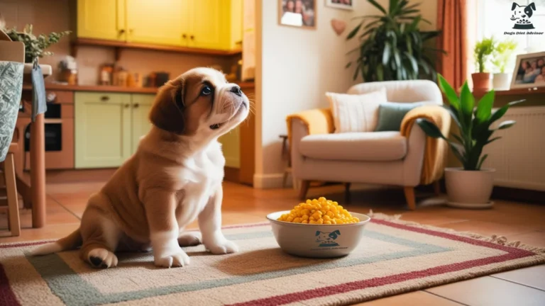 A Cute Dog wait for eating the corn