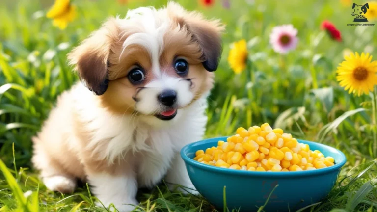 A image of a puppy with corn in garden