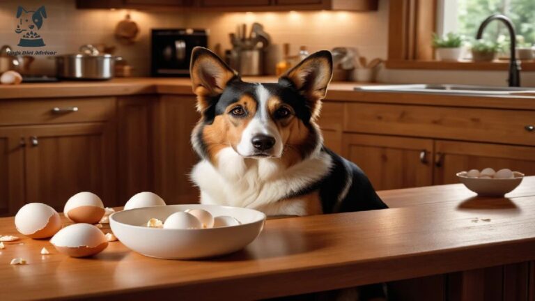 A beautiful dog looking the eggshell bowl.