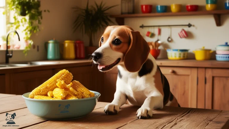 A dog looking at the boiled corn.