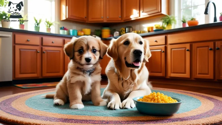 A puppy and dog eating waiting for eating the corn.