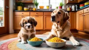 a image of puppy and the dog and Infront of them 2 bowl of corn.