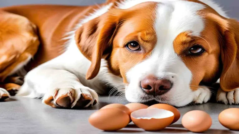 A dog looking at egg shells.