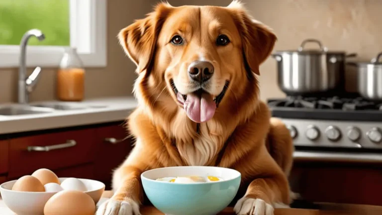 A dog on the table with raw eggs.