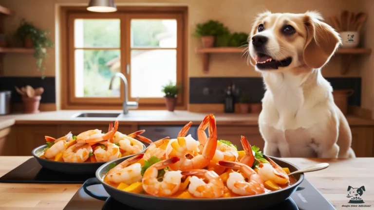 a dog on the table wait for eating the cooked shrimp.