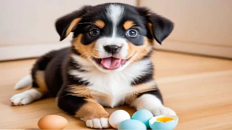 A image of a small puppy with eggs.