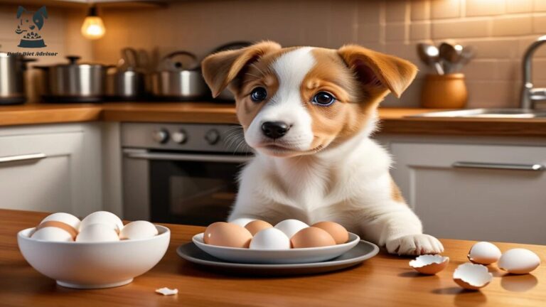 A puppy looking at eggshell.