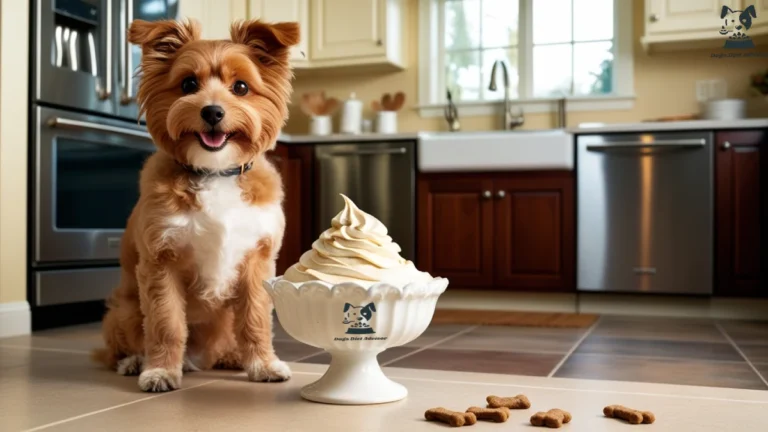 A Cute young dog looking at whipped cream for eating.