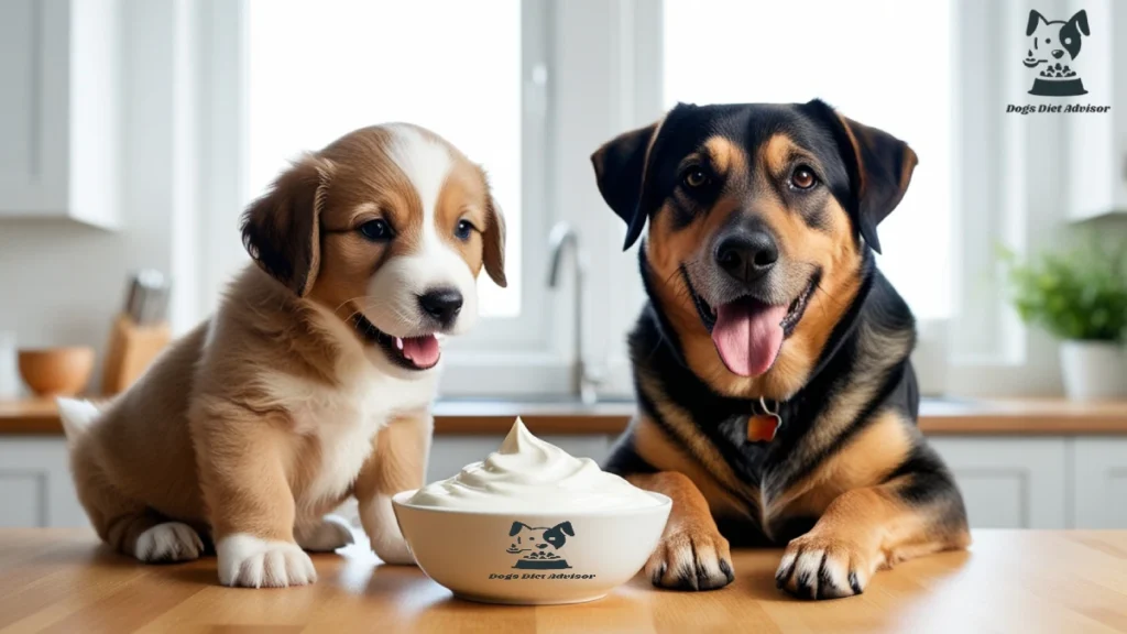 A image of Puppy and dog with Yogurt