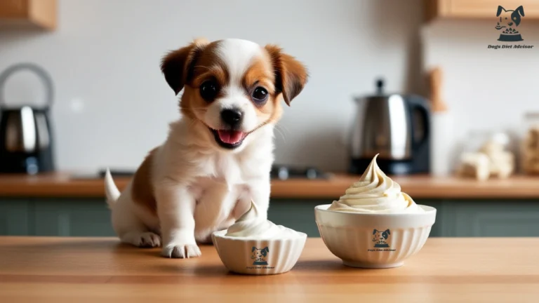 A Puppy looking at whipped cream for eating.