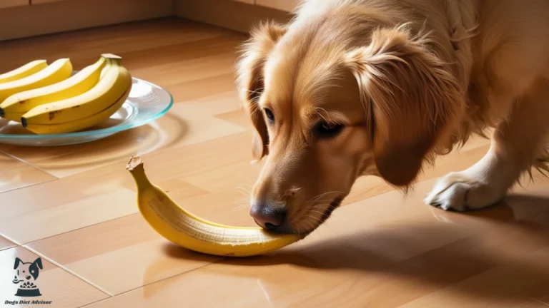 A senior dog eating banana.