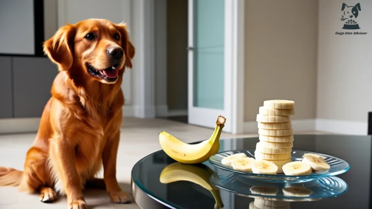 A cute dogs looking at the banana