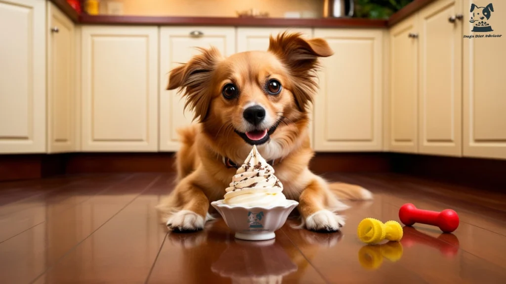 A small dog looking at camera and waiting to eat the whipped cream.