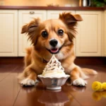 A small dog looking at camera and waiting to eat the whipped cream.