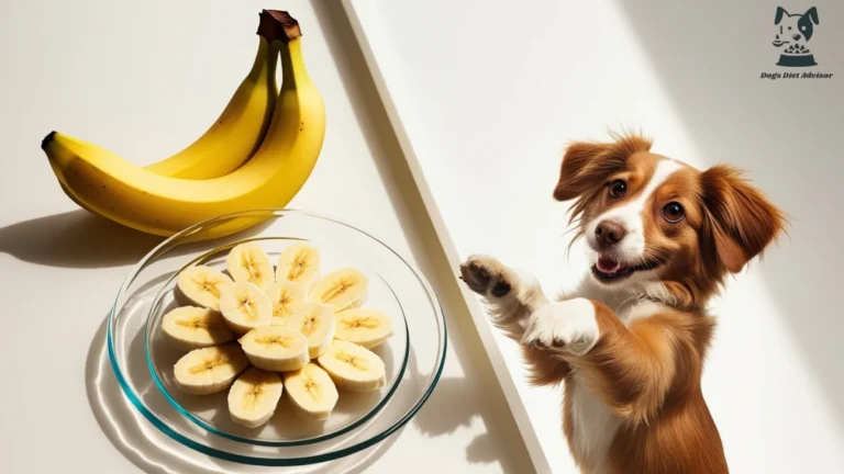 A puppy want to eat banana