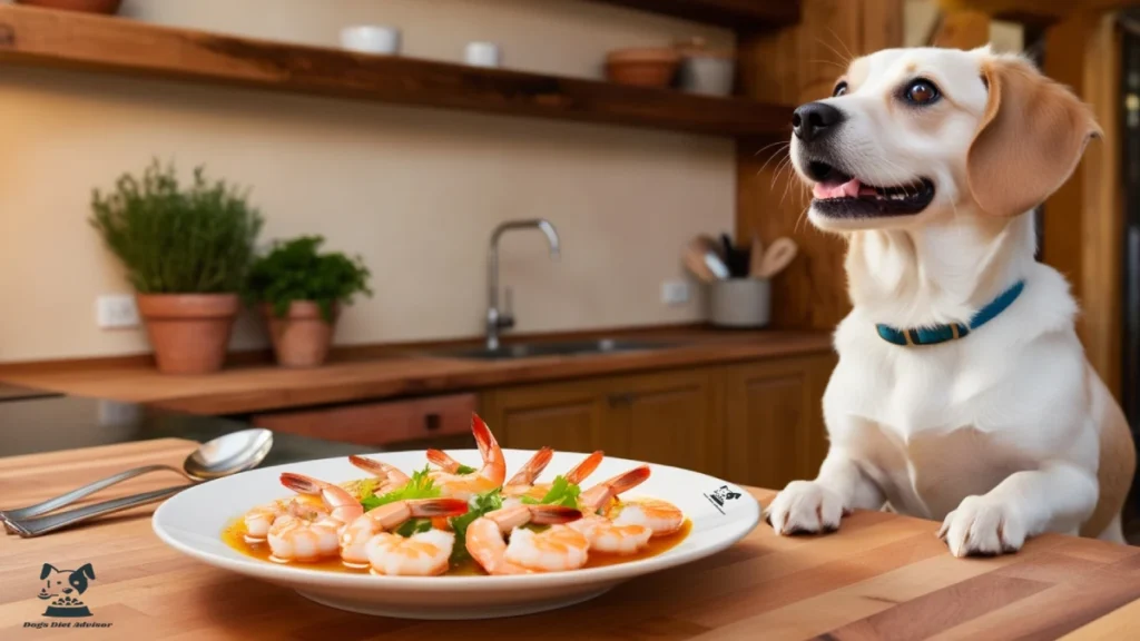 A dog waiting to eat the shrimp