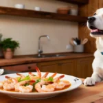 A dog waiting to eat the shrimp