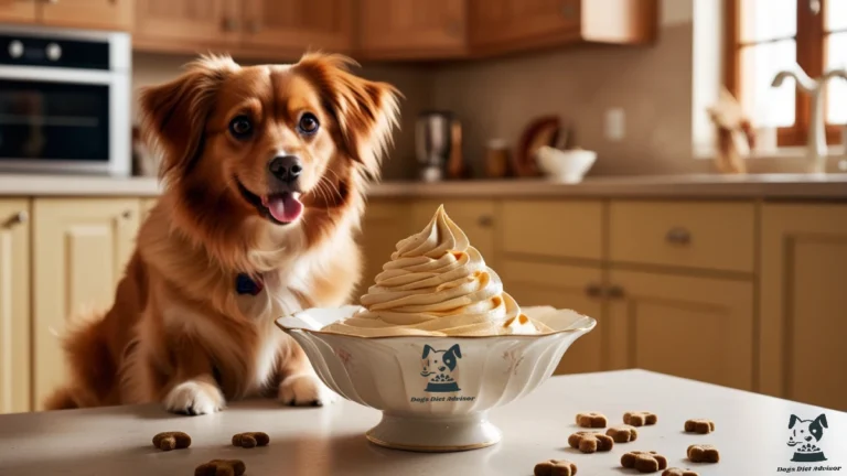 Dog is looking at whipped cream for eating.