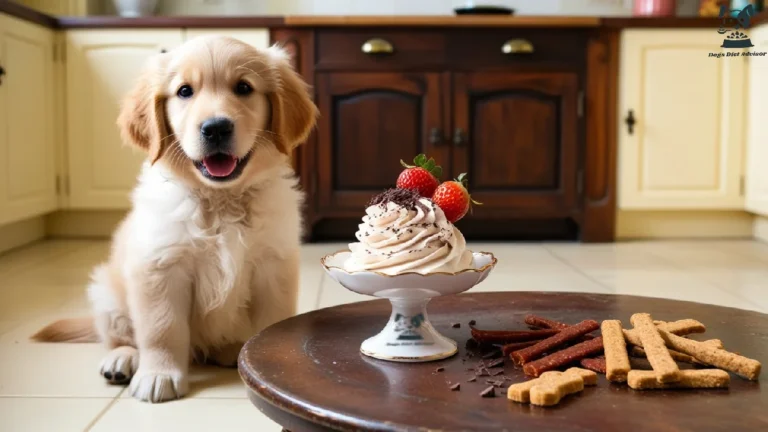 A dog looking at whipped cream for eating.