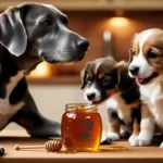 A mother dog and the 2 puppies looking at the jar of honey.