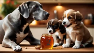 A mother dog and the 2 puppies looking at the jar of honey.