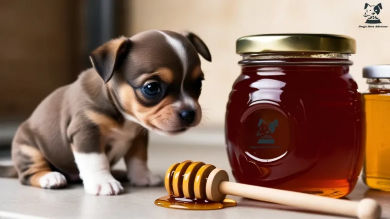 A puppy looking at the jar of honey.